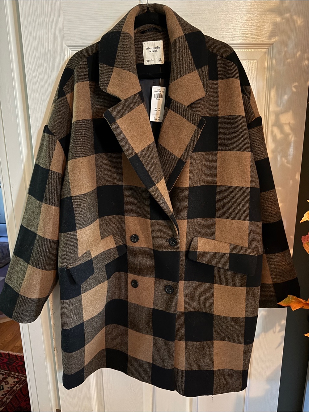 NWT Abercrombie & Fitch Oversized Black & Tan Buffalo Check Wool-Blend Pea Coat